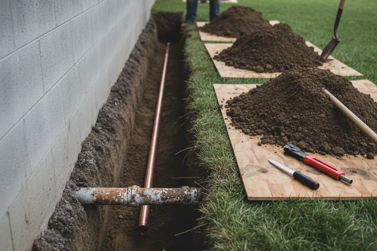 Excavated water line trench during Water Softener Installation in Rock Glen